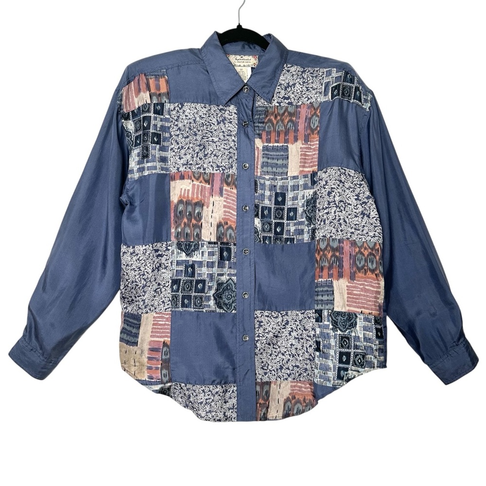 Boho Cottagecore Oversized 100% Silk Shirt Retro Patchwork Boxy Fit Countrycore